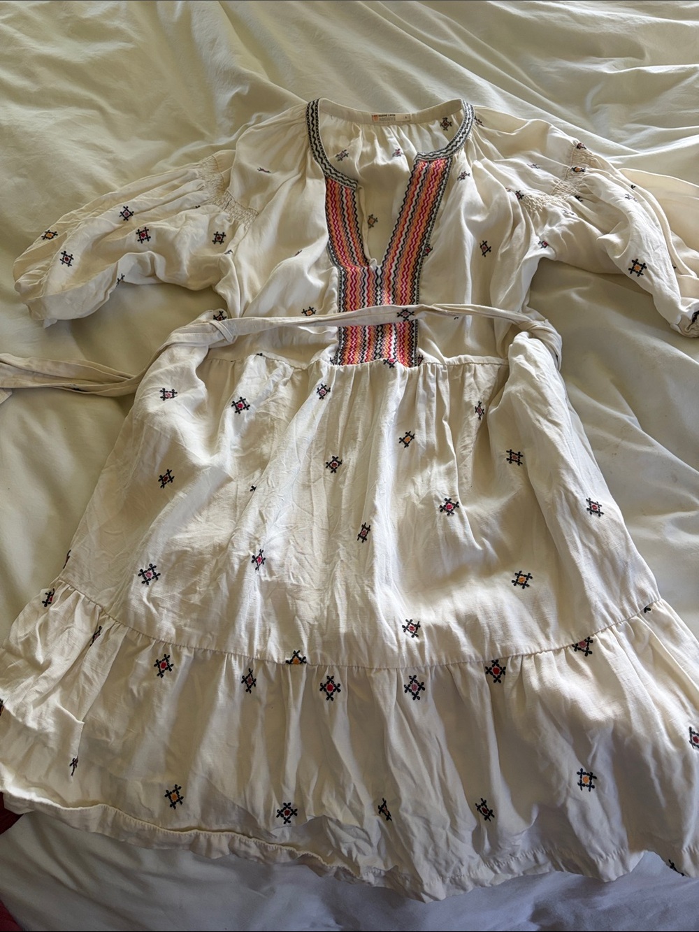 Marine Layer White Peasant Dress with Pink & Coral Embroidery